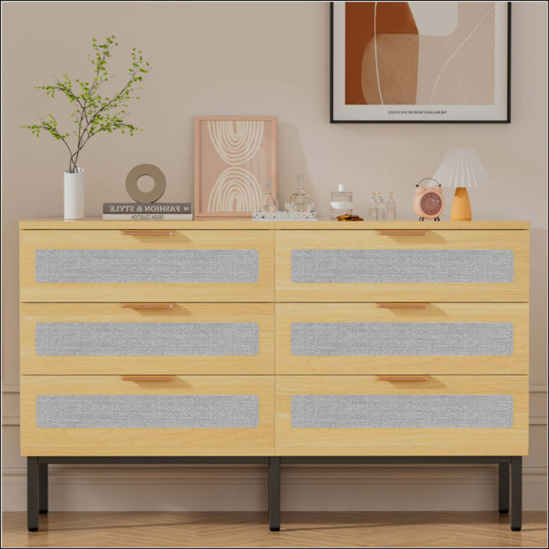 Commode 6 tiroirs pour chambre à coucher, commode en bois 6 tiroirs avec tissu en lin