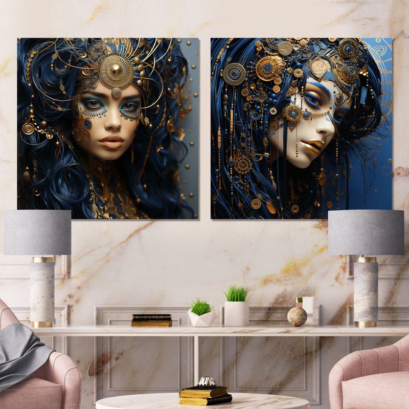 Ensemble de 2 décorations murales carrées dorées et bleues, H 16 po x l 32 po