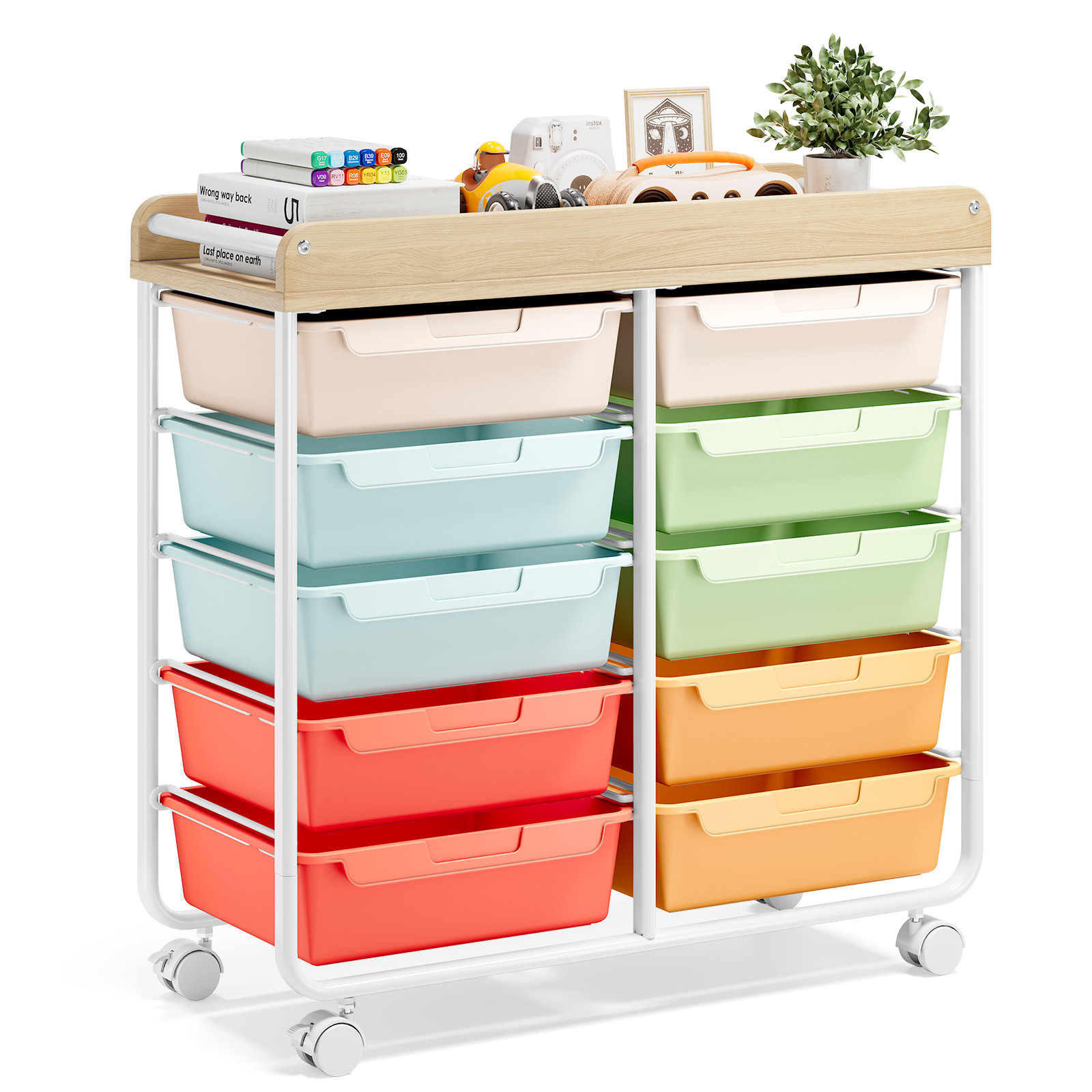 Metal Rolling Cart with Wheels,Rolling Storage Cart with 10 Large Drawers, Utility Cart with Wooden TableTop