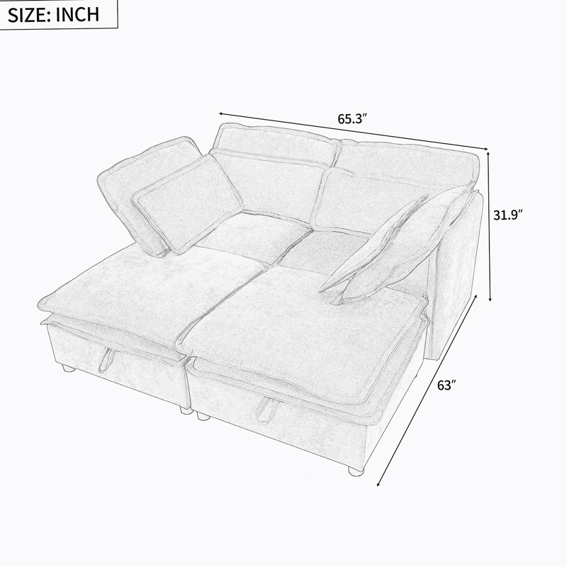 Double-Layer Cushion Modular Sofa, Freely Combinable, 4-Seater with Storage Function, Includes 4 Soft Cushions