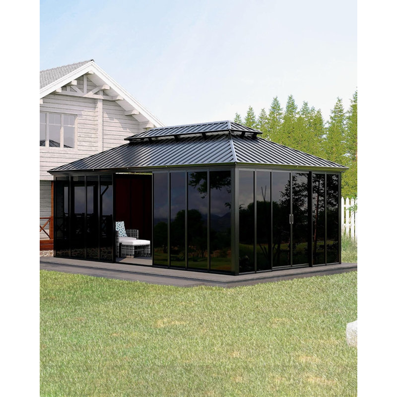 Hardtop Gazebo Solarium, All-Aluminum Enclosed Sunroom with Sliding Doors for Patio, 120" H X 235'' W X 143" D