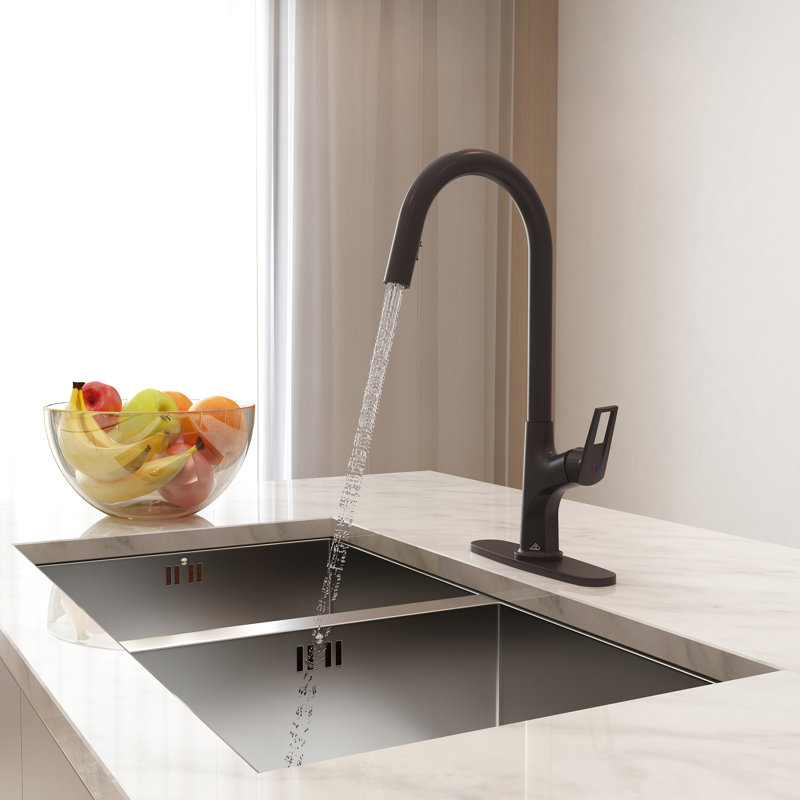 Robinet de cuisine rétractable à poignée simple avec plaque de comptoir, Noir mat