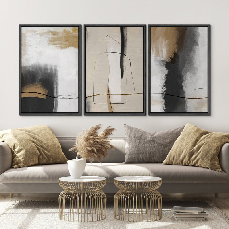 Grunge Abstract Paint Stroke Effect Tan Grey Neutral Organic Modern Pictures Framed Canvas Abstract Living Room Wall Art Painting Print