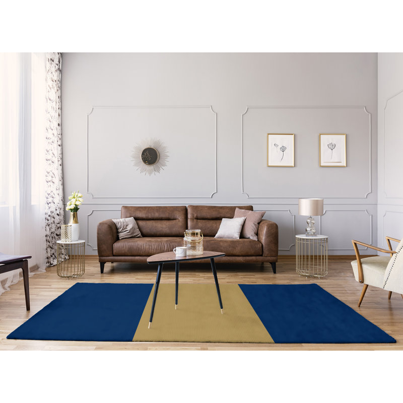 Tapis à rayures bleu marine/doré, Rectangle 8 pi x 10 pi