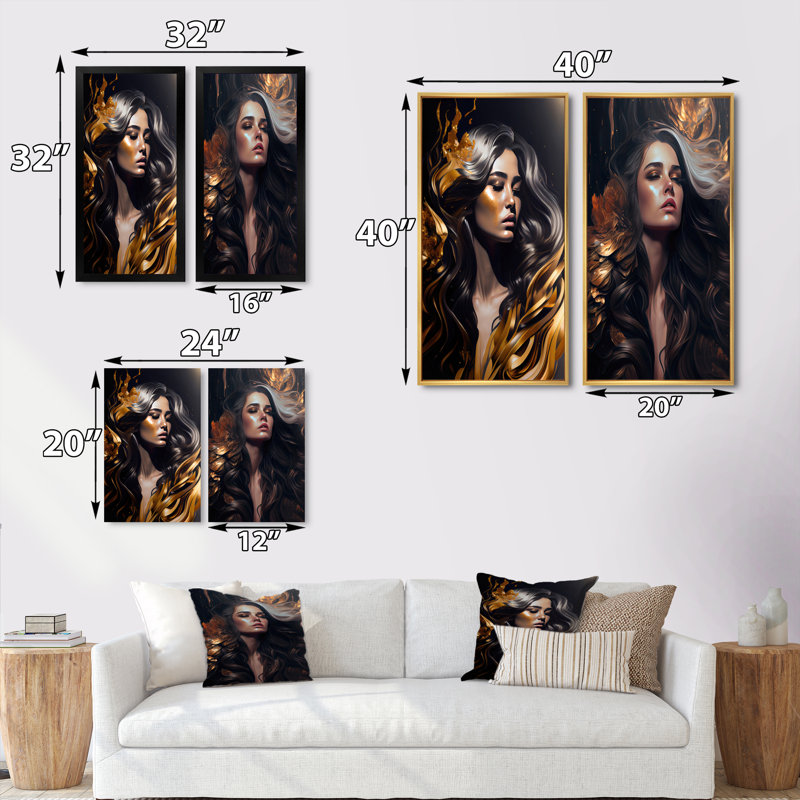 «Gold and Black Sensual Woman II», 2 pièces sur toile, Toile tendue, H 20 po x l 24 po
