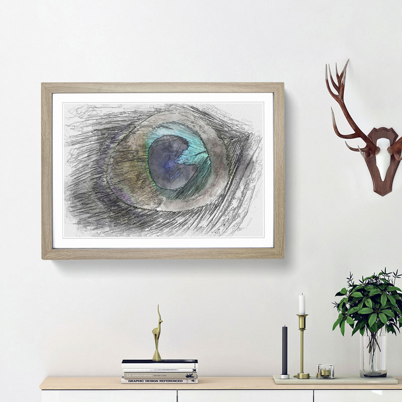 Delicate Peacock Feather in Abstract - Picture Frame Graphic Art Print, 36cm H x 48cm W x 2cm D, Oak Framed