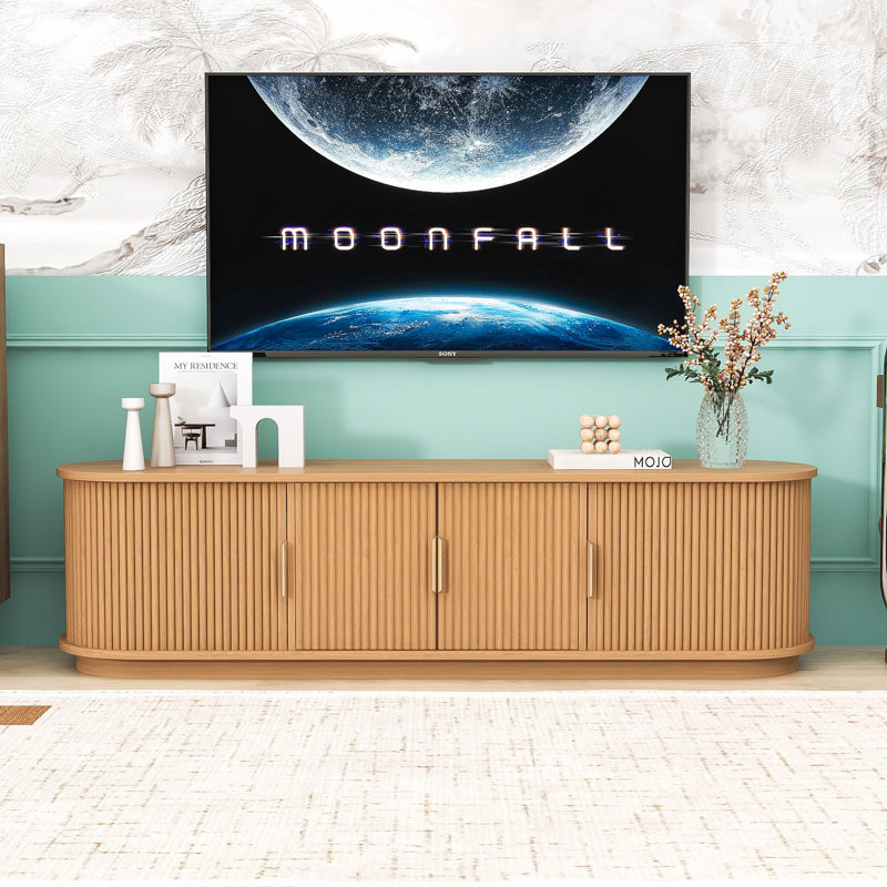 Mid-Century Modern TV Stand for TVs up to 75" with Sliding Fluted Doors and Hidden Storage, Natural