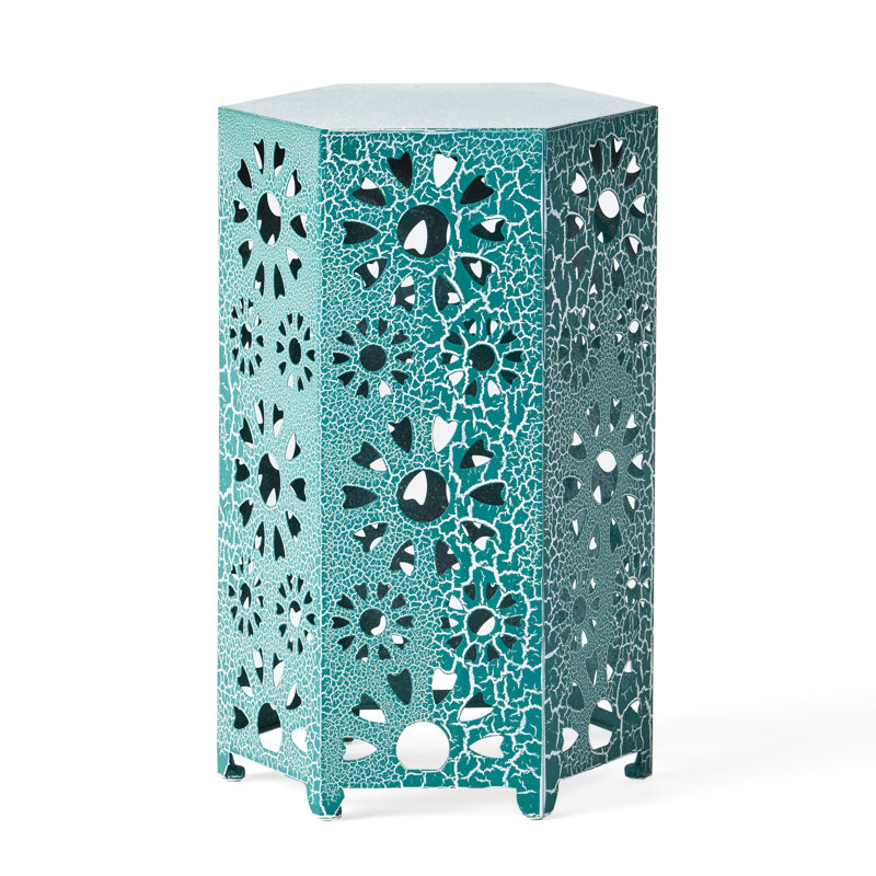 14" Side Table In Teal Iron - Stylish Cut Out For Patio, Beverage And Snack Design With Space Beverages Snacks, Teal