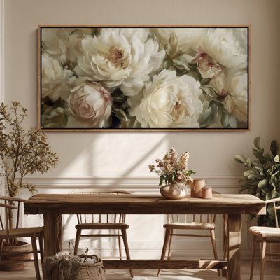 Art mural encadré sur toile - Arrangement floral élégant pivoine ivoire avec des tons neutres doux - 16 po x 24 po, 24 po x 36 po