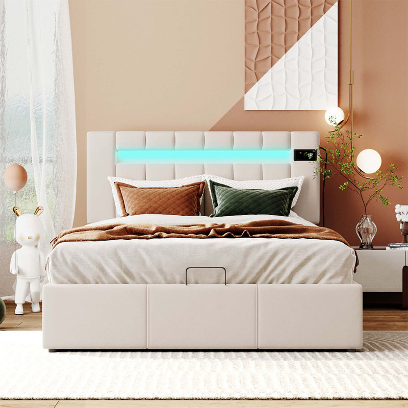 Dexton Upholstered Bed With Led Light, Bluetooth Player And Usb Charging, Hydraulic Storage Bed, Full, Beige