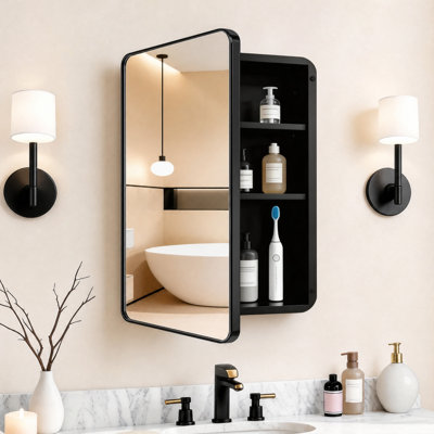 Armoire à pharmacie à cadre noir de 20 x 30 pouces avec miroir et tablettes réglables, encastrée ou en saillie