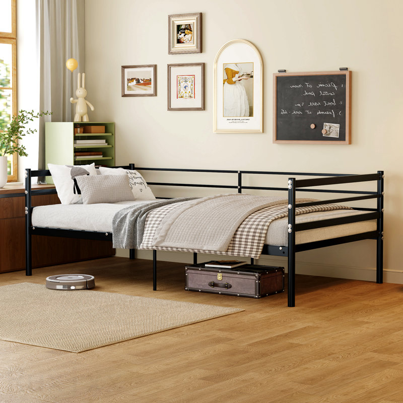 Lit mezzanine pour enfants, lit en métal de style canapé-lit, barrière de sécurité de 11,8 pouces, peu encombrant, noir.