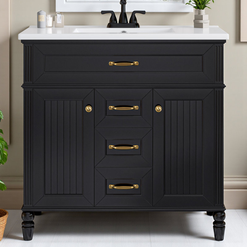 Ensemble de meuble-lavabo simple 36 po avec plateau en céramique, Noir et or