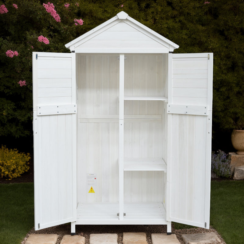 Remise de rangement en bois de sapin blanc avec portes doubles et intérieur organisé