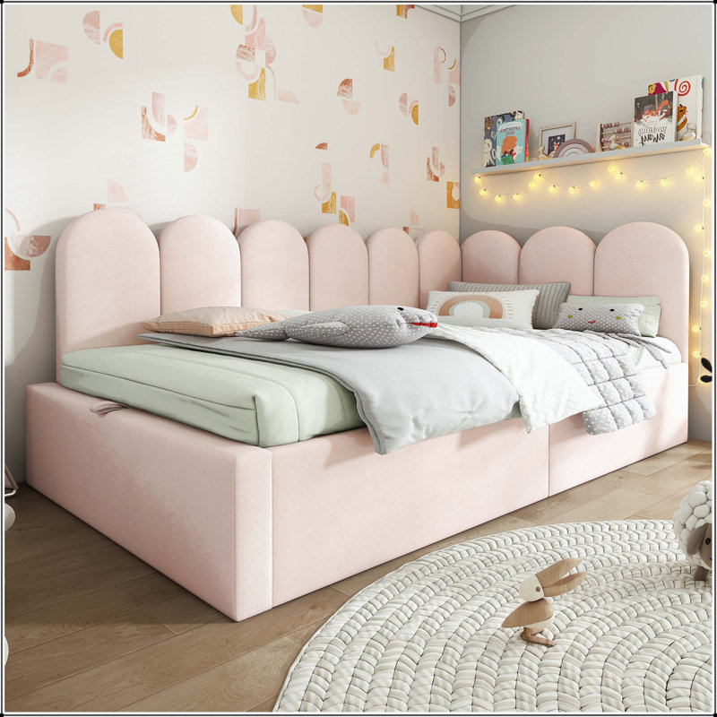 Lit de jour simple avec repose-pieds et rangement hydraulique avec revêtement en velours, Rose
