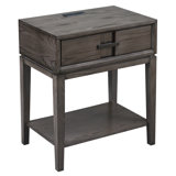 Solid Oak Wood Recessed Design Side Table with AC/USB in Smoke Gray