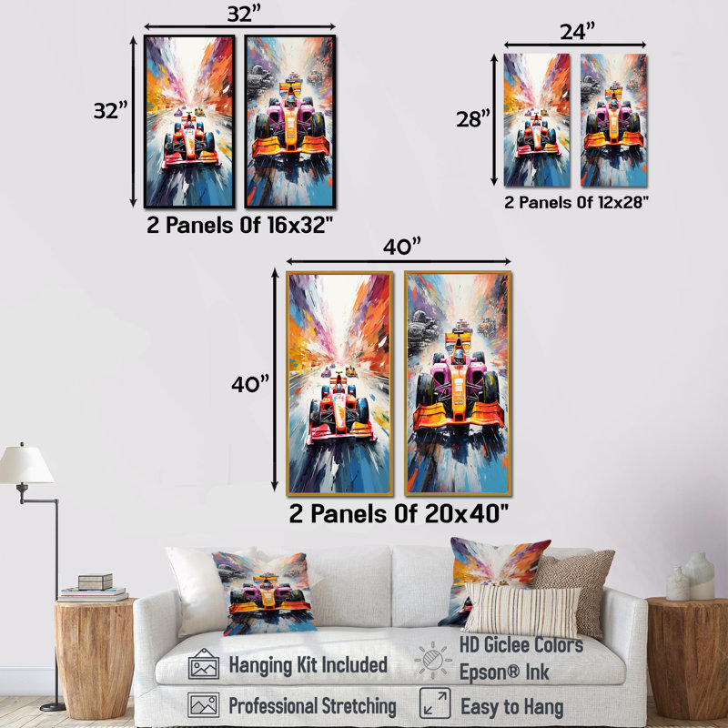 Formule de course sur fond de vitesse fauve coloré I - ensemble de 2 reproductions d'art, Toile tendue, H 28 po x l 25 po