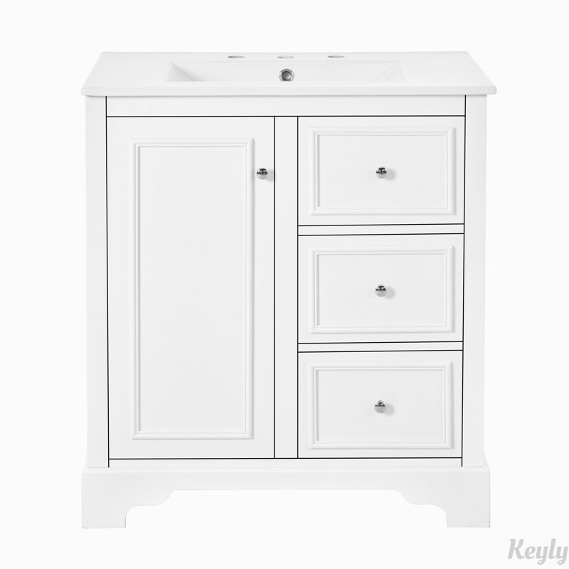 Meuble-lavabo avec lavabo en céramique, tiroirs et tablettes réglables, Blanc