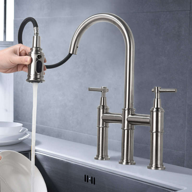Brushed Nickel Kitchen Bridge Faucet With Pull-Down , Dual Handle For Precise Water Control & Temperature Regulation, 360-Degree Rotating High Spout, Brass, Barely Noticeable Splash- Aerator Spray