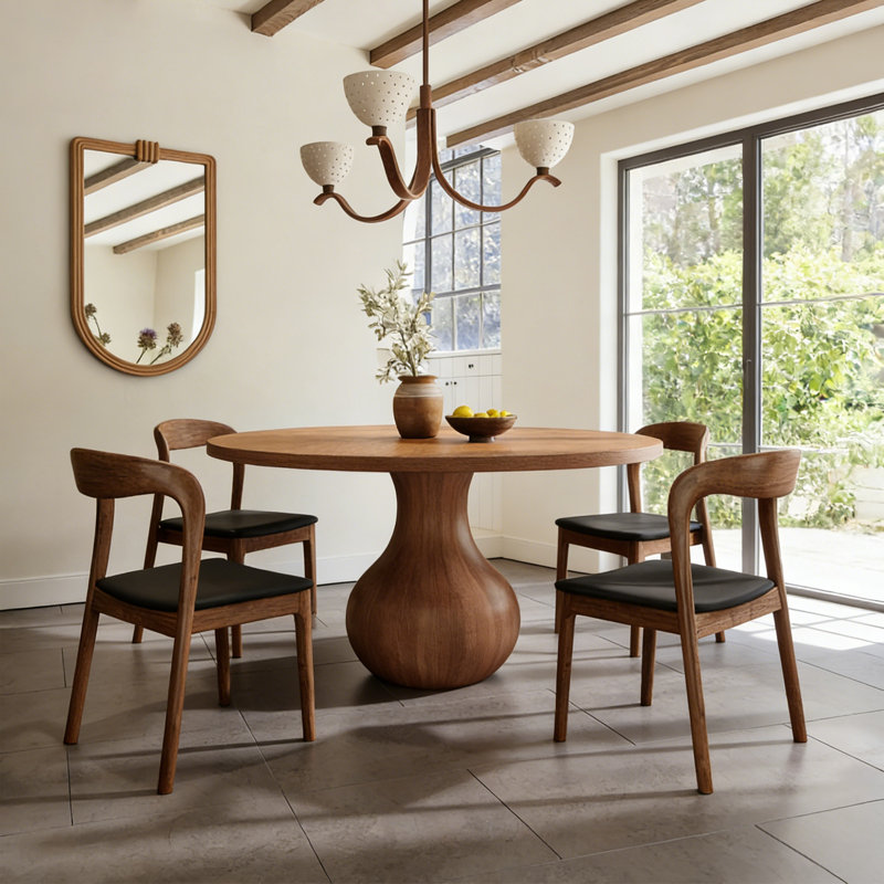 5-pieces Round Pedestal Dining Set Ikerne - NEW SOLID WOOD TOP, 29.52"H x 53.15"L x 53.15"W, Black