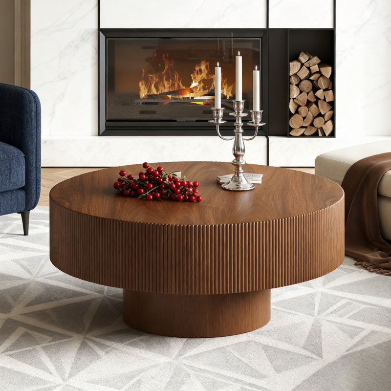 Table basse ronde avec plateau épais, H 16,7 po x L 35,4 po x l 35,4 po, Noyer