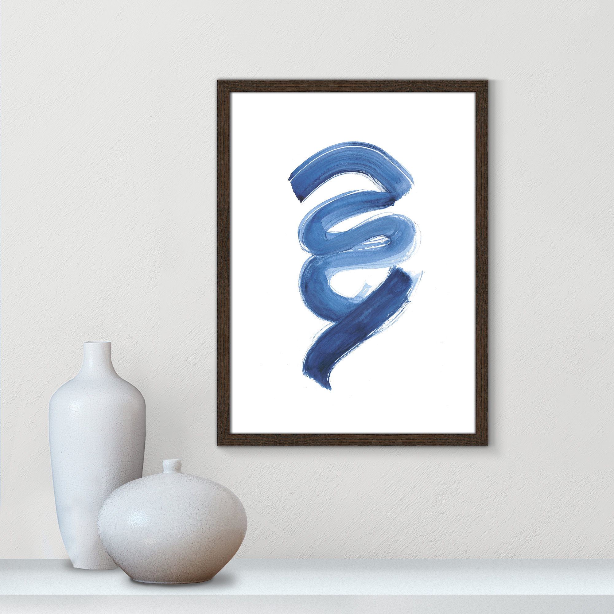 Slinky Indigo I by Filippo Ioco - Painting Print, Walnut Wood Framed Paper, 23" H x 17" W x 0.75" D