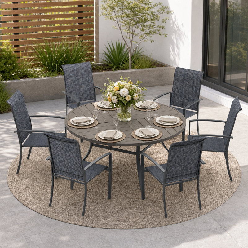 6-Person Round Patio Dining Set With Stackable Textilene Chairs, Gray/Brush Wood Gray