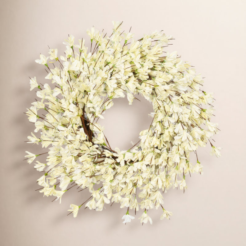 24" Handmade Spring Forsythia Wreath, White