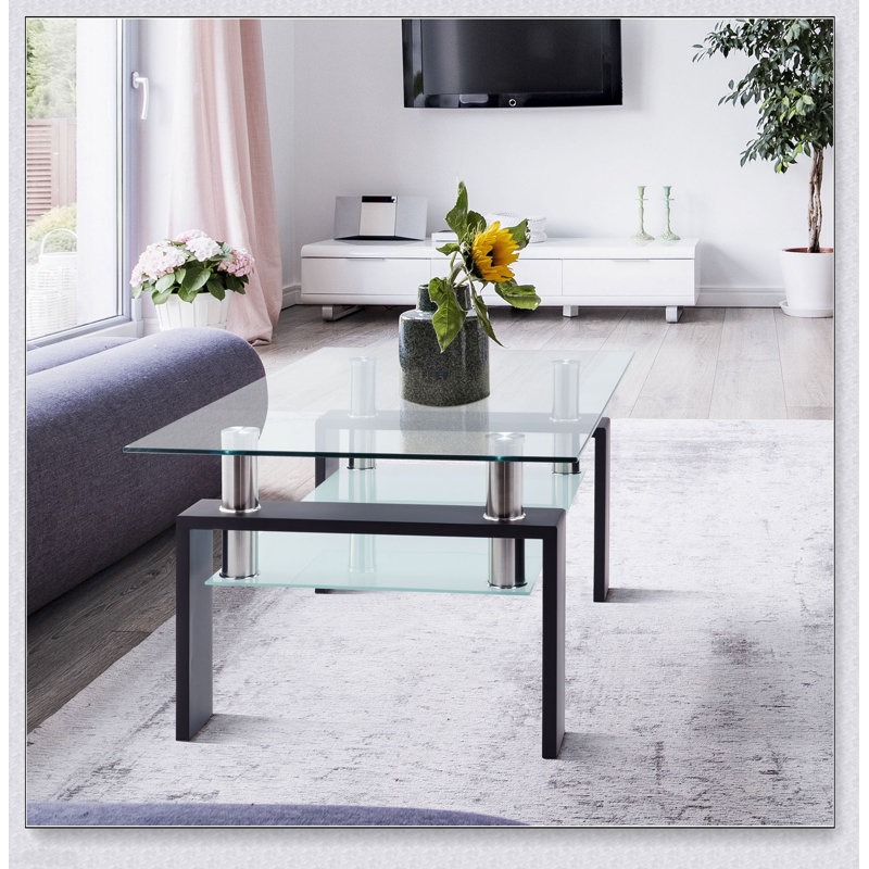 Table basse rectangulaire moderne en verre noir avec rangement double couche pour une utilisation polyvalente et un design élégant
