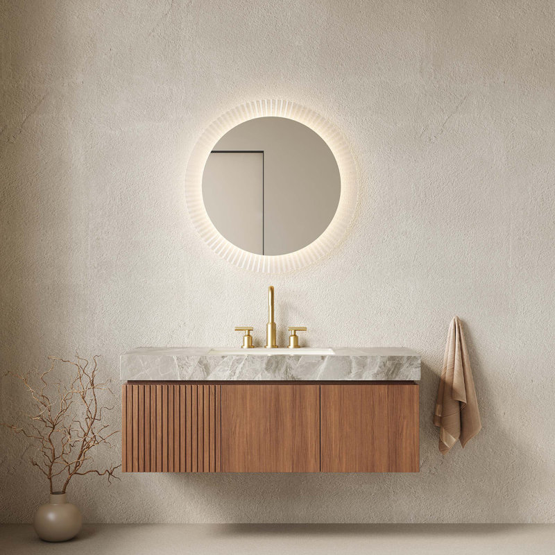 Meuble-lavabo 48 po avec lavabo en contreplaqué flottant avec tiroir et portes, comptoir en pierre frittée et vasque en céramique avec 3 trous de robinet pré-percés, pré-assemblé