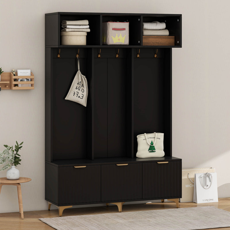 Modern Large Storage Hall Tree With Bench, Multi-Functional Storage Bench With High Gloss Fluted Doors, Black