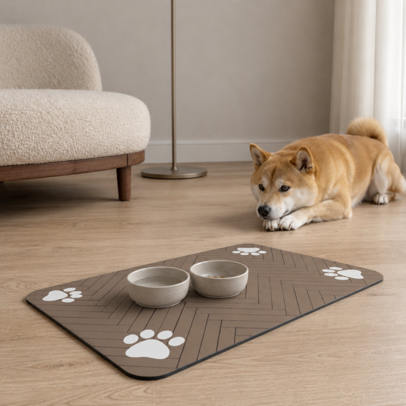 Tapis d'alimentation absorbant et antidérapant en terre de diatomées avec motif empreintes de pattes, 15,8 po x 23,6 po, Brun