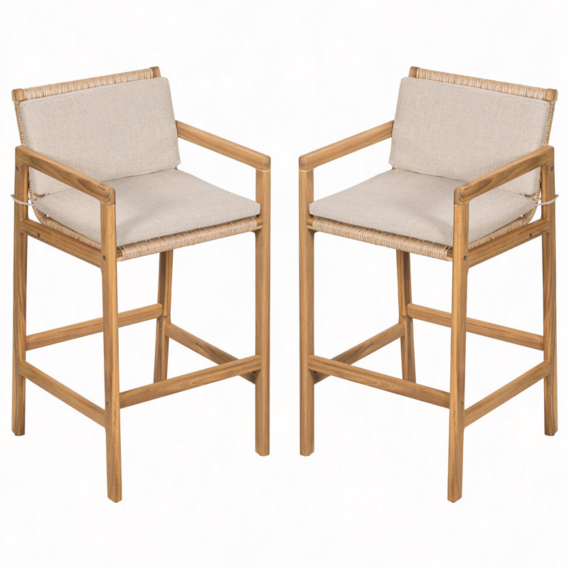 Tabouret de bar d'extérieur en bois Marcella, coussin, ensemble de 2