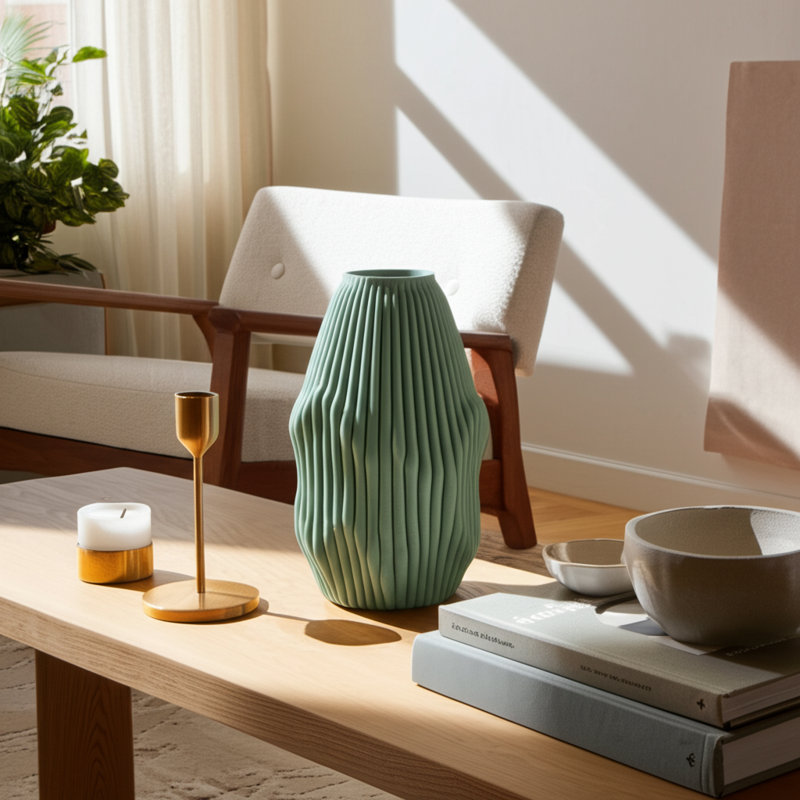 Vase en grès avec texture nervurée et silhouette sculpturale, vase décoratif moderne en céramique pour un style intérieur contemporain