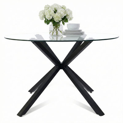 39.4" Round Glass Top Metal Base Dining Table