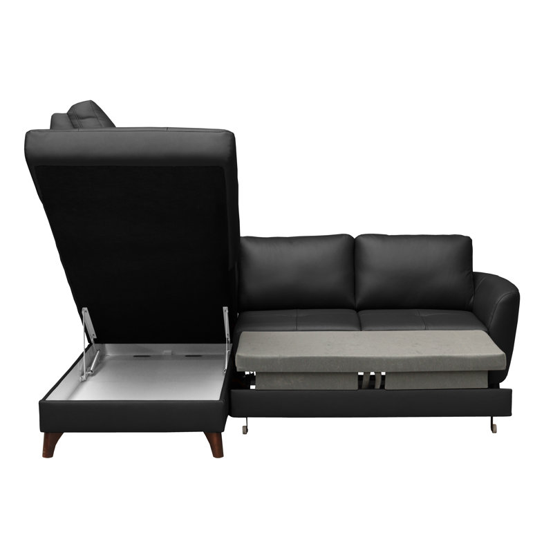 Migues Genuine Leather Corner Sofa with Sleeping Function and Storage, Black, Left Hand Facing