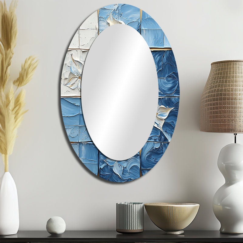 Mosaïque d'inspiration bleue Iznik - grand miroir mural ovale sur métal, 36 po x 24 po