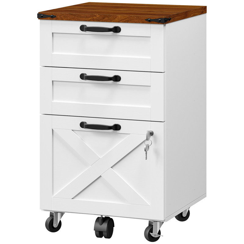 Farmhouse File Cabinet with Lock, Mobile Filing Cabinet on Casters for A4/Letter Size