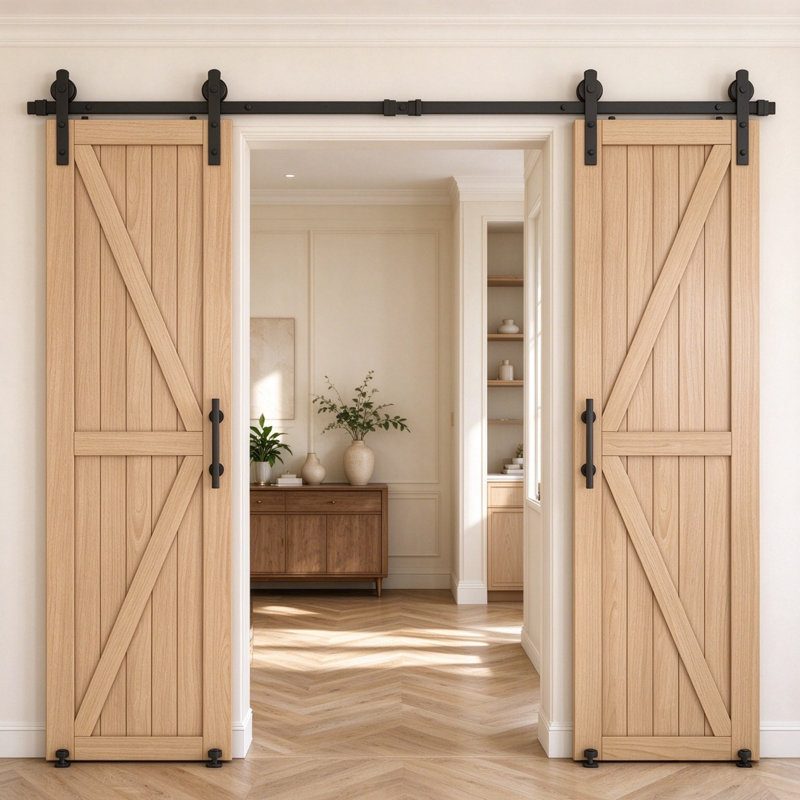 Ensemble de rail de porte de grange en acier noir de 144 pouces pour portes doubles avec poignée ronde de 12 pouces