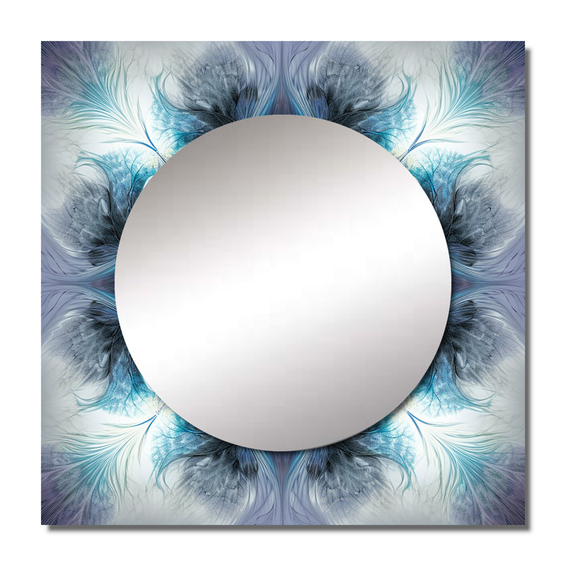 Brijender - Turquoise and White Fractal Flowers III Modern Geometric Square Mirror For Wall Art Decor, 29" x 29"