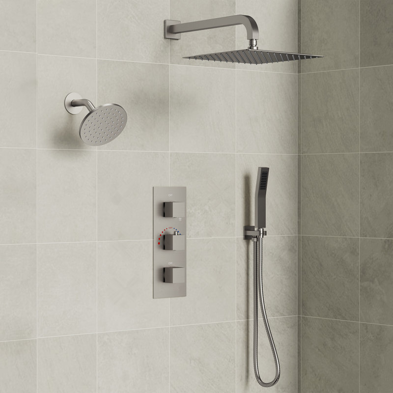 Thermostatic Dual Showerheads System, Wall Mount 12" High-Pressure Rainfall Shower Faucet with Handheld Spray, Brushed Nickel