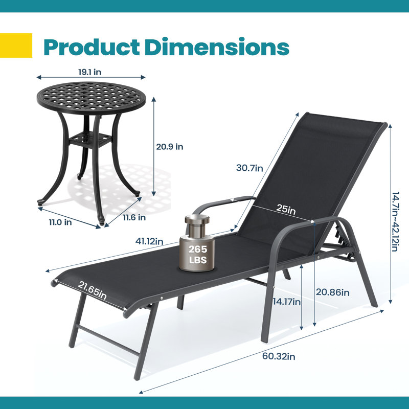 Chaise longue d'extérieur en aluminium avec table ronde, Noir