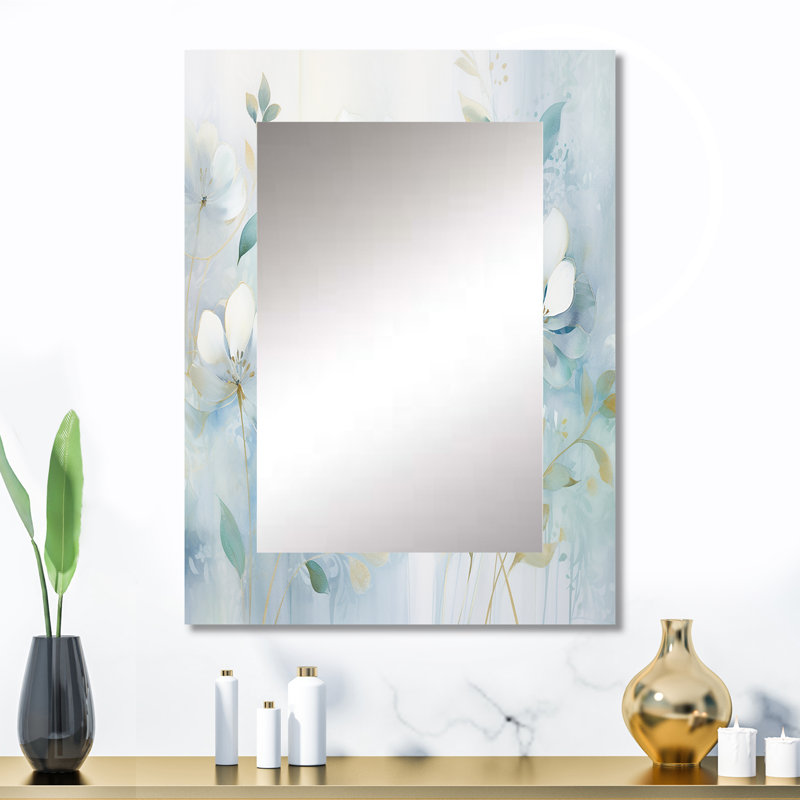 Blue Botanical Rhythms I - miroir botanique, miroir mural bleu unique, impression d'art en métal, 32 po x 24 po