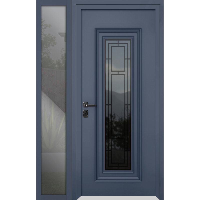 Porte d'entrée extérieure prémontée en acier Ballucio 6044 Gris Graphite, fenêtre latérale extérieure avec inserts en acier inoxydable, style moderne, peinte - L 36 + 14 x H 80 - Ouverture à droite vers l'intérieur