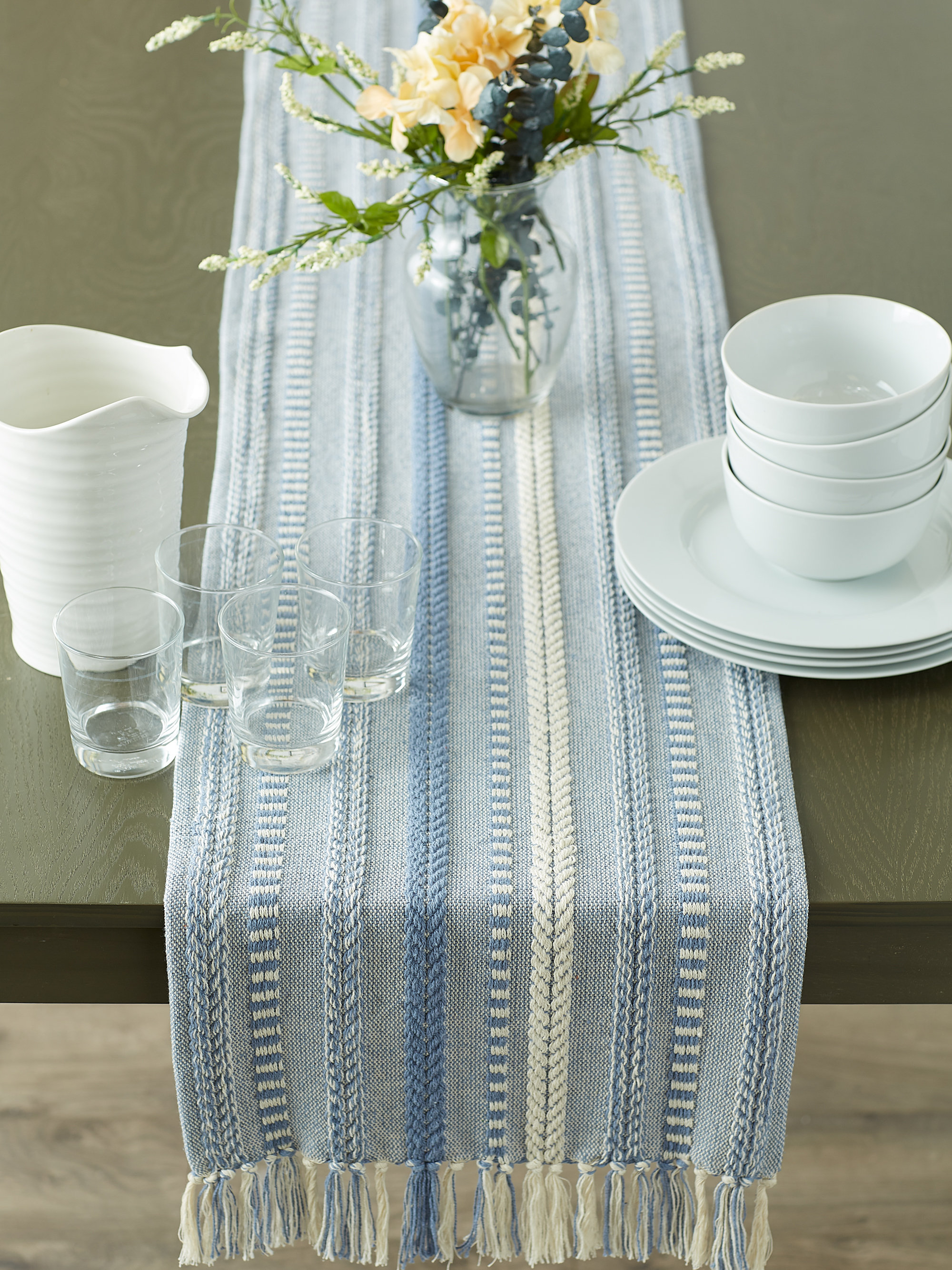 Blue Leore Striped 100% Cotton Table Runner - 72" x 15"