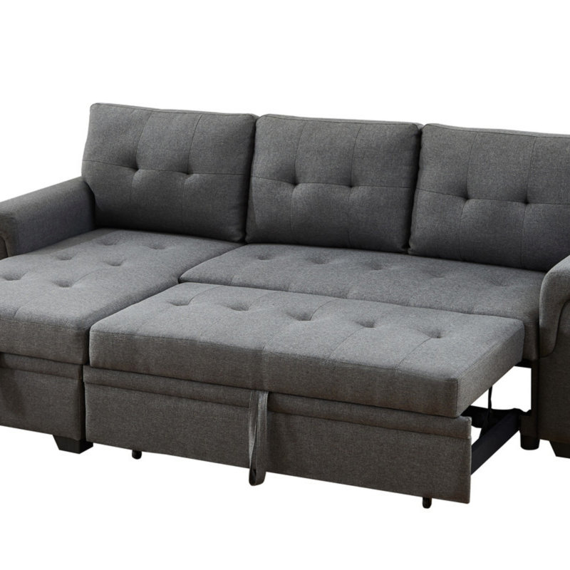 Linen Reversible Sleeper Sectional Sofa With Storage Chaise, Dark Gray Linen, Left Hand Facing, Brown