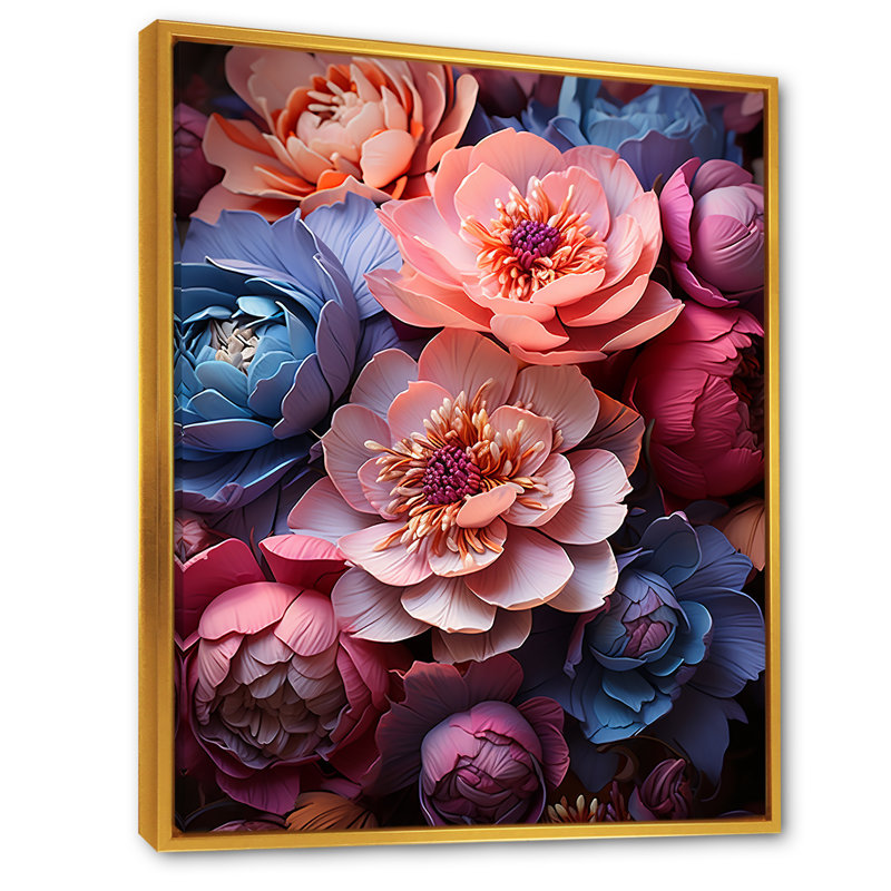 Pivoines brillantes rayonnantes sur toile, Cadre flottant doré, H 32 po x l 16 po x P 1 po