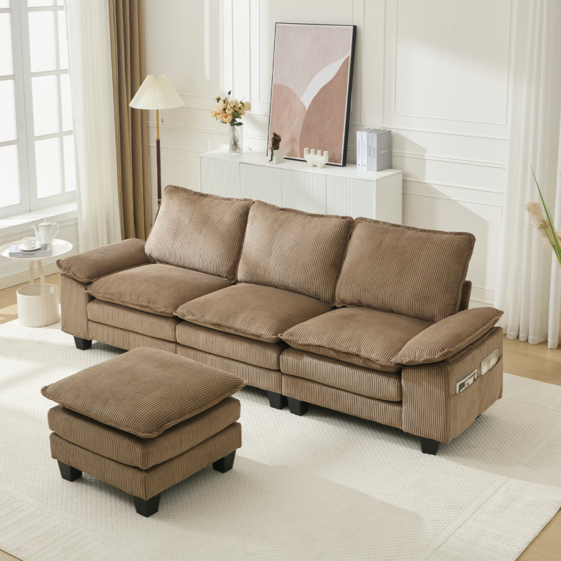 107.8" Cloud Sectional Couch With L-shape Chaise,Deep 4-Seat Plush Modular Sofa with Movable Ottoman，Detachable Sofa Cover & Side Pockets