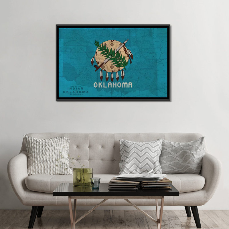 «Flags Oklahoma Map», impression sur toile, Toile avec cadre noir, Pas de tapis, H 32 po x l 48 po x P 1,5 po