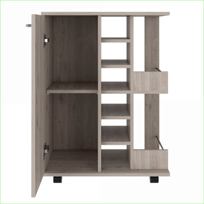 Chariots de bar avec armoire à une porte, tablettes ouvertes, roulettes verrouillables, gris clair | Panneau de particules | Beige